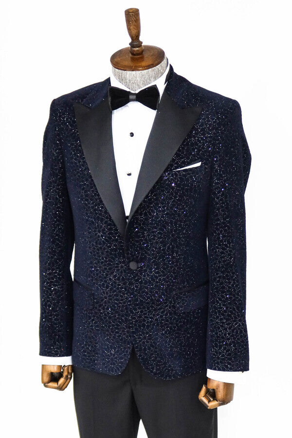 Glitter Floral Patterned Navy Blue Men Wedding Tuxedo Blazer Wessi