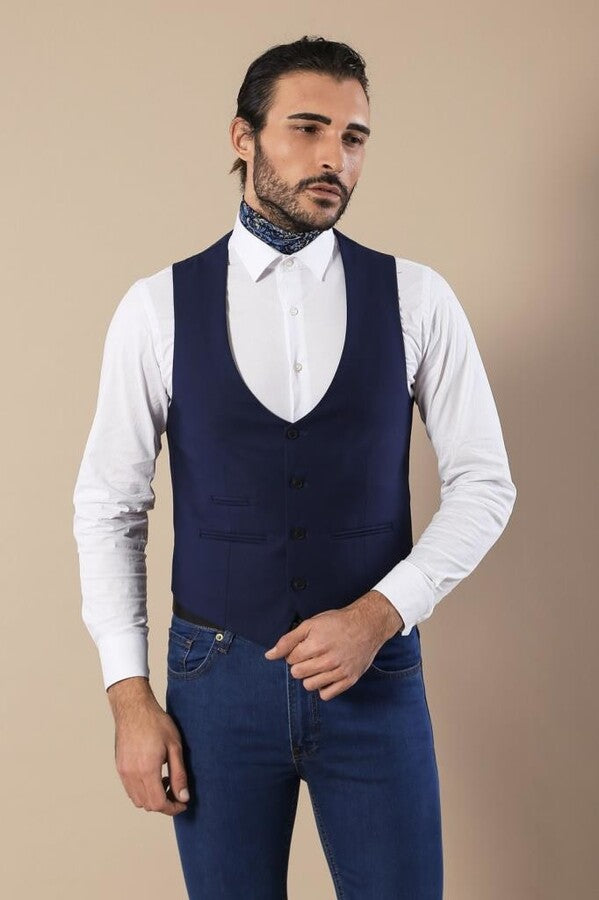 Navy blue waistcoat with jeans sale