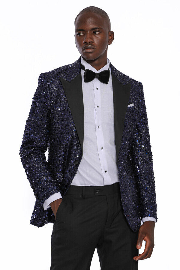 Navy Blue Sequin Patterned Party Blazer - Wessi