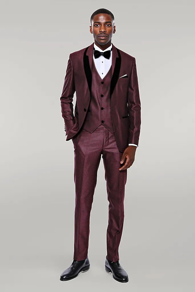 Patterned Burgundy Velvet Lapel Groom Suit Wessi