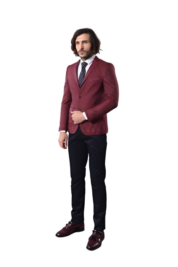 Patterned Quilted Burgundy Men Blazer - Wessi