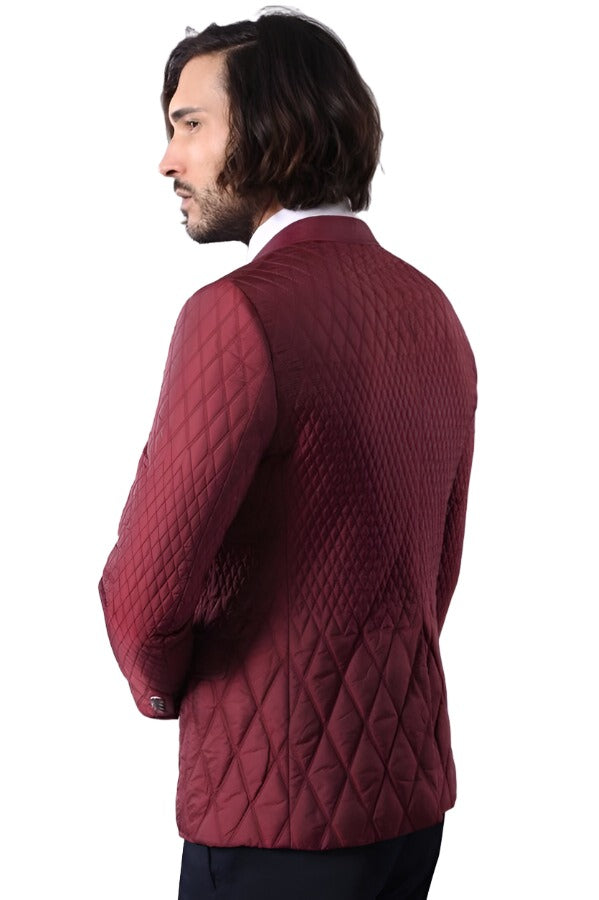 Patterned Quilted Burgundy Men Blazer - Wessi