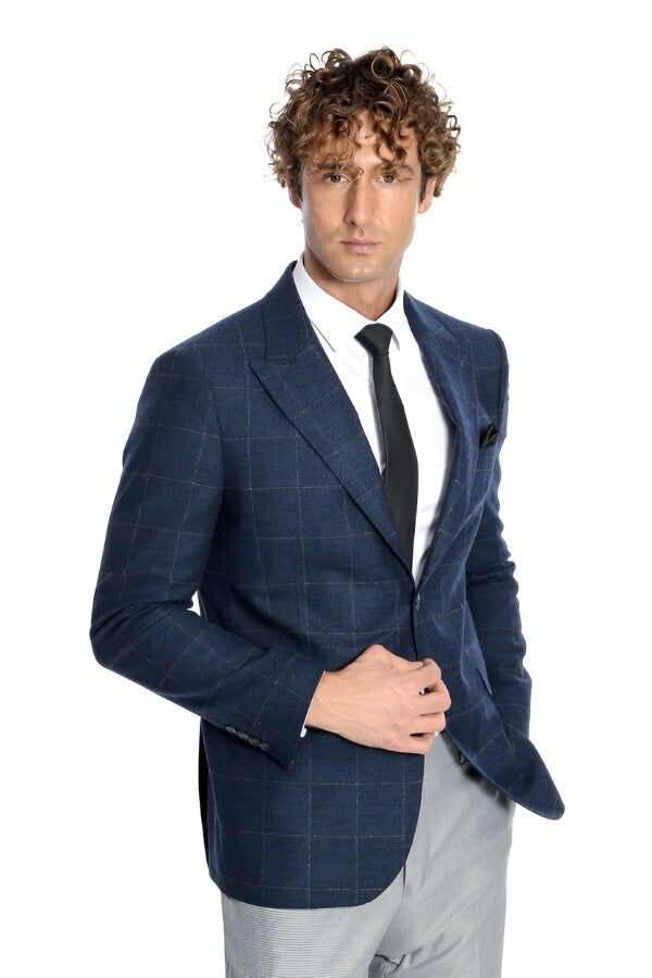 Plaid Wool Navy Blue Men Blazer - Wessi