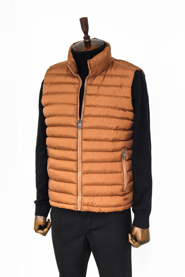 Quilted Zippered Light Brown Men Down Vest Wessi