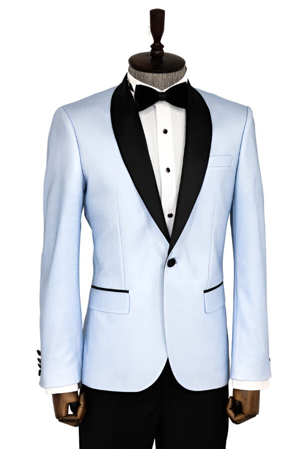 Blue suit jacket with black shops lapel