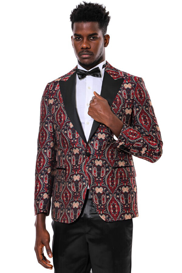 Shiny Patterned Burgundy Men Prom Blazer Wessi