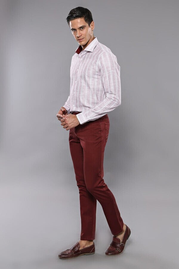 Slim Fit Linen suit trousers - Burgundy - Men | H&M IN