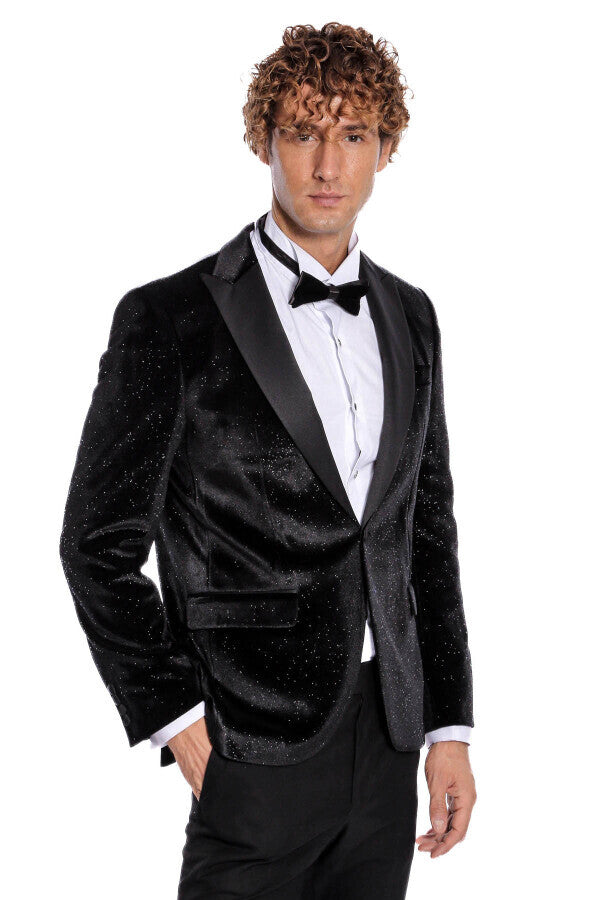 Sparkle Slim Fit Velvet Black Men Prom Blazer Wessi