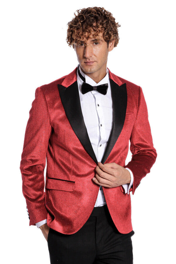 Sparkle Slim Fit Velvet Red Men Prom Blazer Wessi