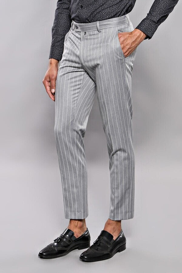 Striped Grey Slim-Fit Trousers - Wessi