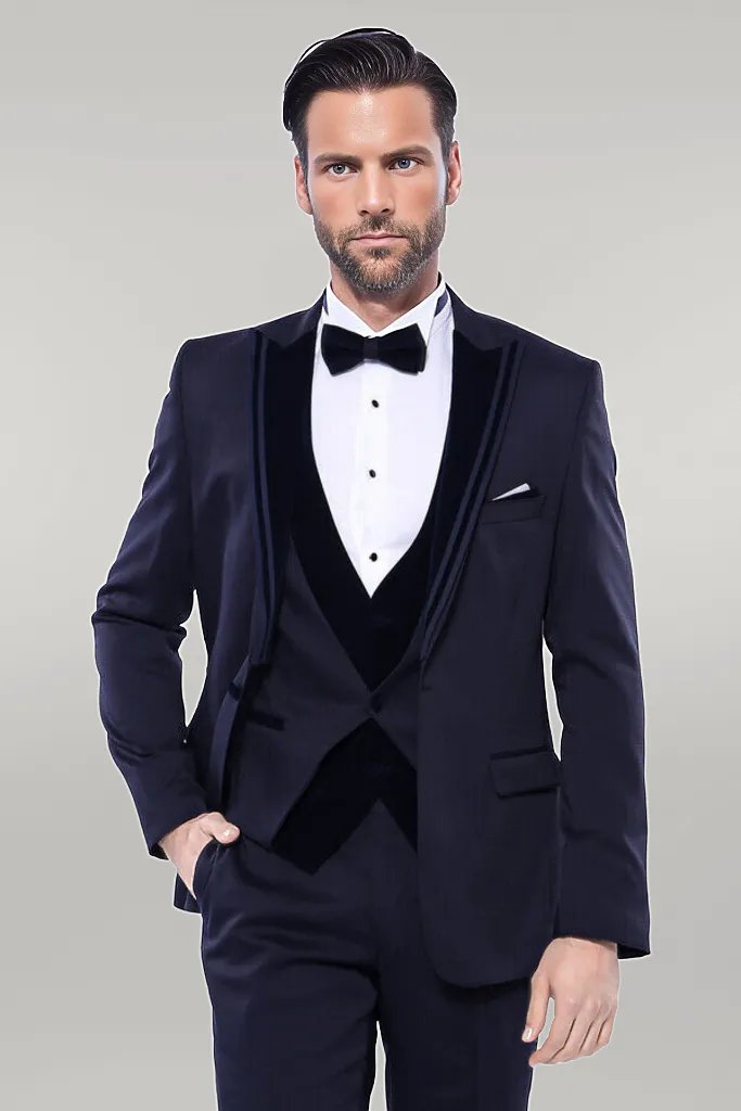 Navy blue suit with best sale black collar